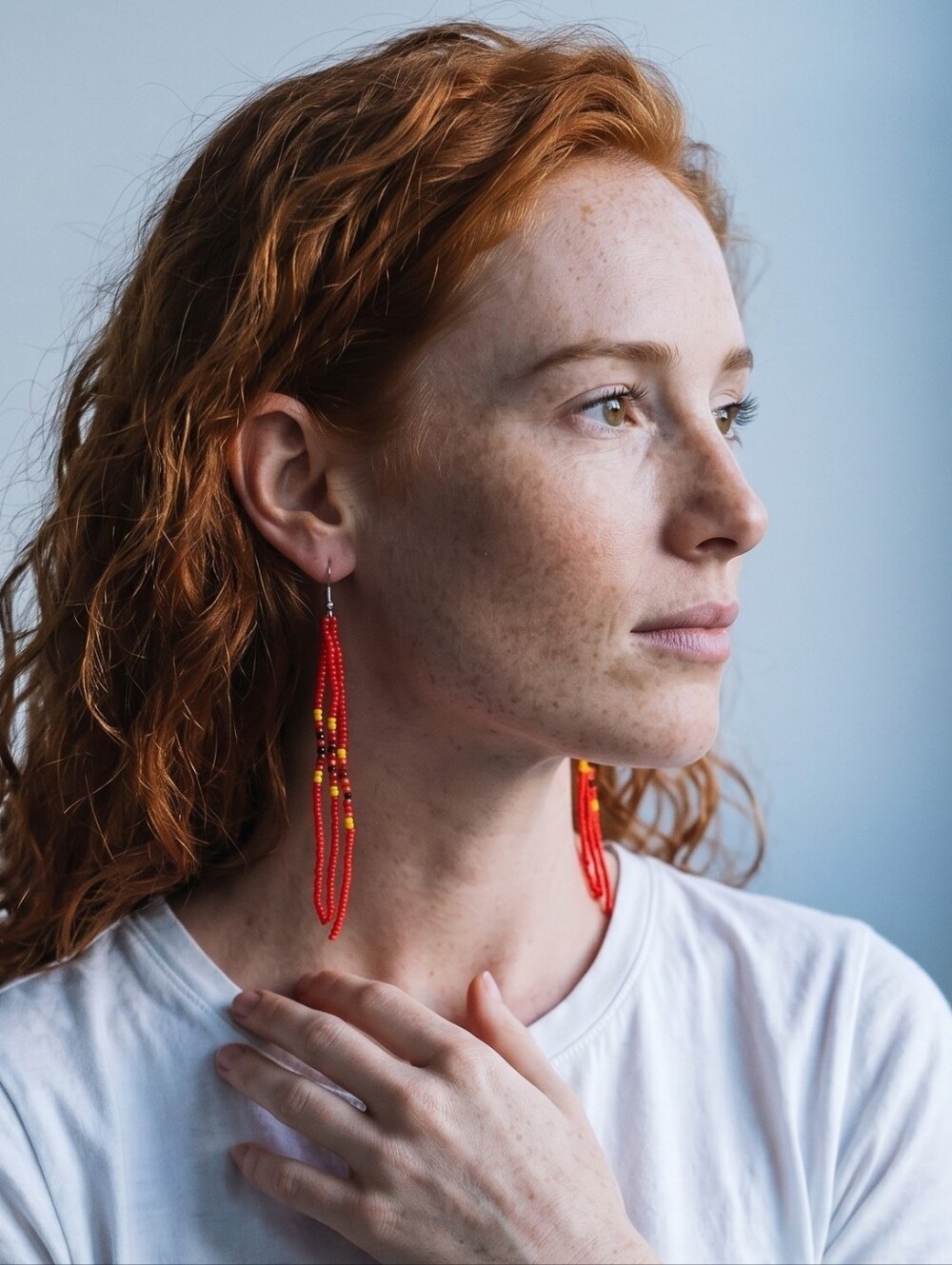 Handmade Red Beaded Dangle Earrings